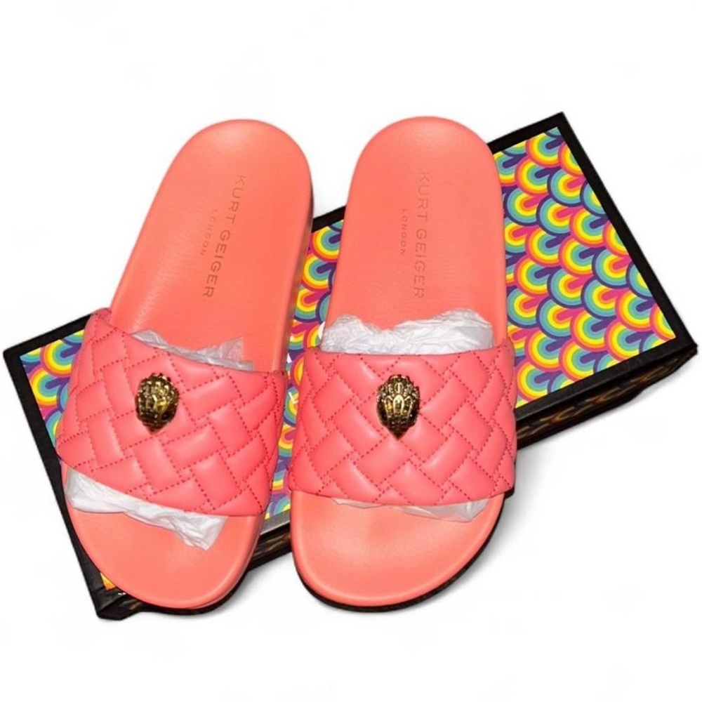 Kurt Geiger Pink Meena Eagle Slides with Gold Emblem